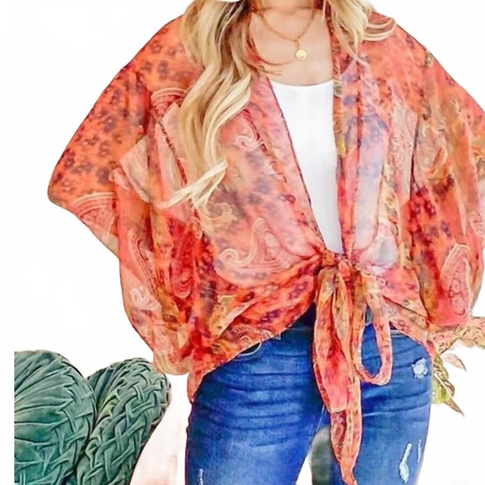 NEW AND THE WHY boho front tie knot dolman sleeve oversized print kimono top in